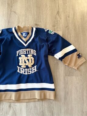 VTG 90s Starter Notre Dame Fighting Irish Hockey Jersey Blue Gold Youth S/M